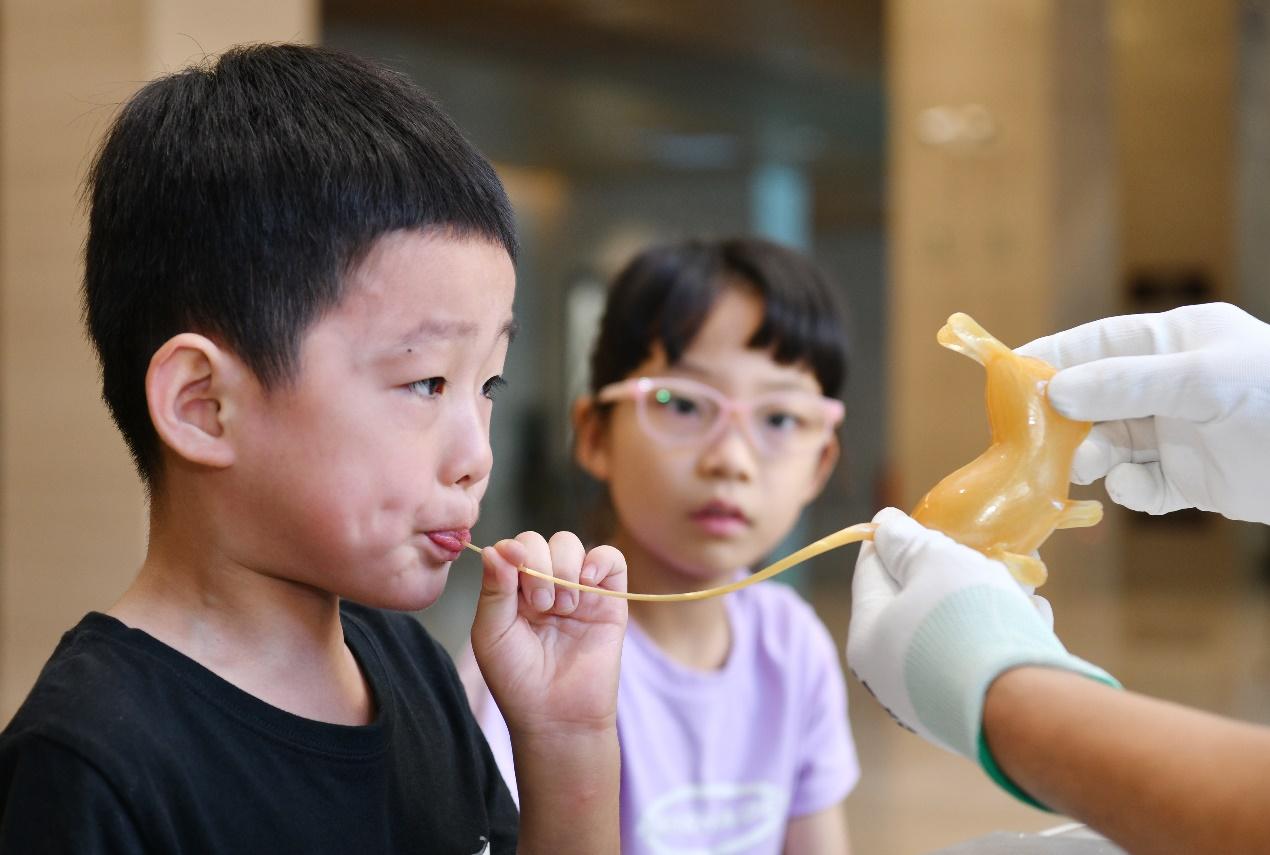 9月15日，小朋友在位于河北省滄州市的中國大運(yùn)河非物質(zhì)文化遺產(chǎn)展示館體驗(yàn)吹糖人技藝。苑立偉攝