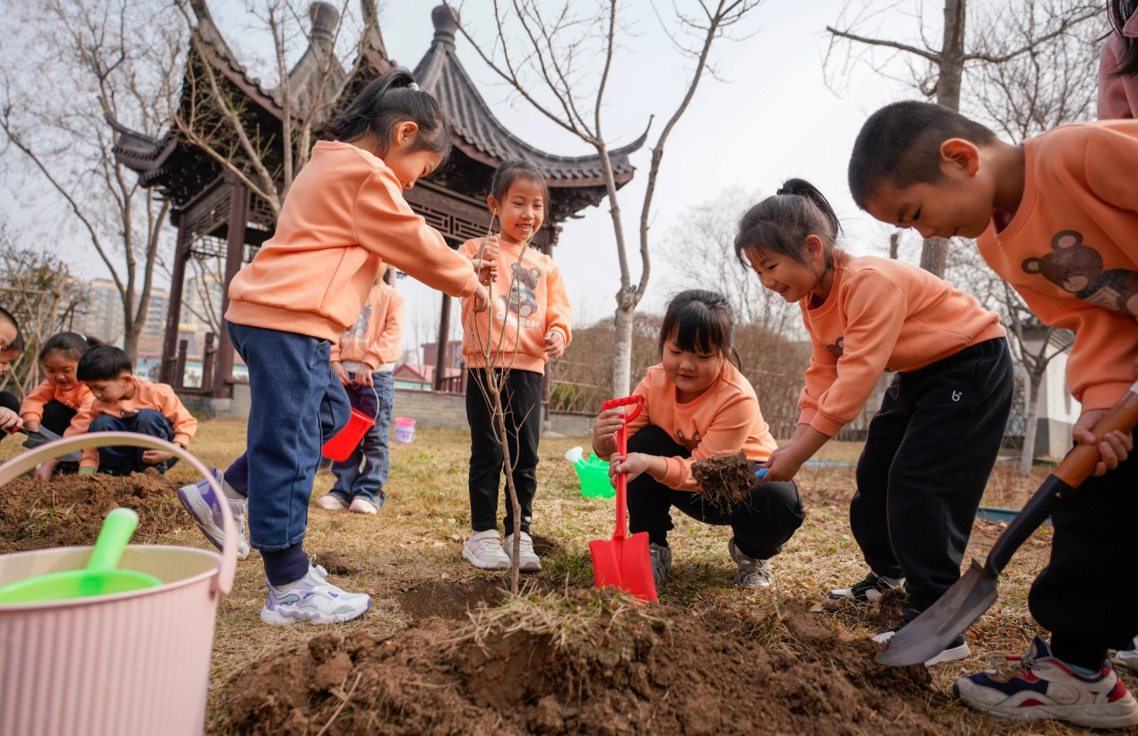 3月11日，黃驊市第一幼兒園小朋友在戶外植樹(shù)。張國(guó)文攝